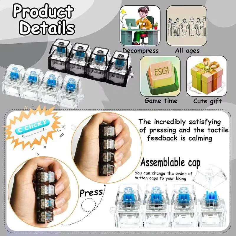 4Keys Illuminated Mechanical Keyboard Keychain Finger Button anti Stress Keycap for Office Home Adults Kid,Decompression Clicker